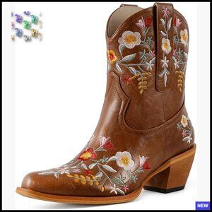 Floral Embroidered Ankle Cowboy Boots Chunky Heel Square Toe Western Pull On